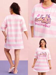 LUVLETTE Scooby-Doo Plus Size Women's Cotton Striped Nightgown Pink White Sleep Dress With Fun Cartoon Print Comfy Loungewear Graphic - Pink - View 3