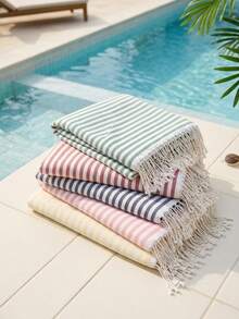 Cirelle 1pc Turkish Polyester Beach Towel - Oversized Striped Sand Free Beach Towel With Fringes, Quick Dry Lightweight Bath Towel Travel Blanket For Pool, Gym, Camping (100*180cm) - Multicolor - View 2
