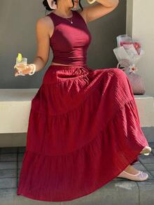 SHEIN EZwear 勃艮第酒红色休闲背心和裙子两件套，加大码，夏季 - 酒紅色 - 查看 4