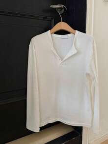 DAZY Men's White Ribbed Fabric Long Sleeve Crew Neck Half-Button Solid Color T-Shirt - White - View 6