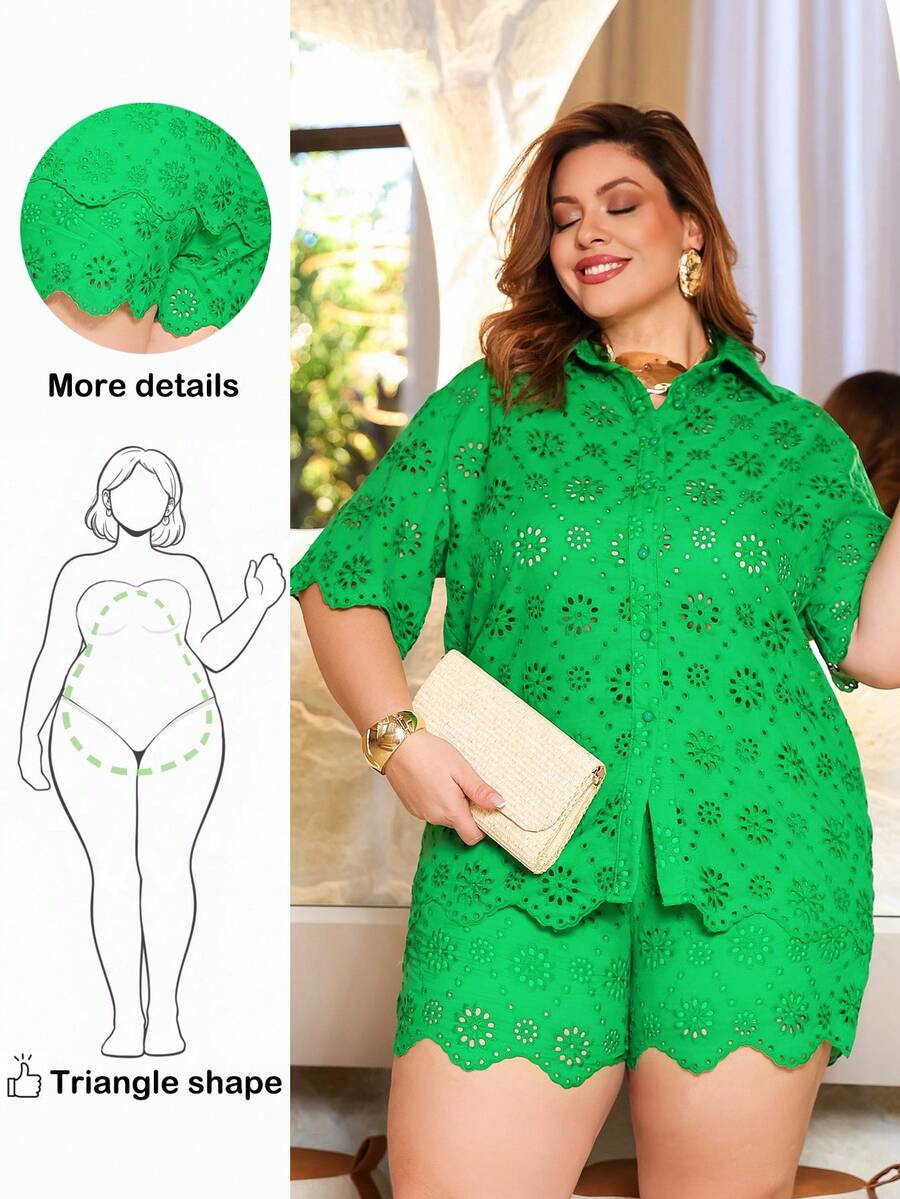 Truni Elegantes Set aus Spitzen-bestickter Bluse und weiter Shorts für Damen in Große Größen, geeignet für Geburtstagsfeiern, Abschluss, Studentenmode, lässig, Urlaub, Kreuzfahrten. Damen Top und luftige Shorts mit Taschen, Strandresort-Outfit in Grün, Shorts-Outfit für Damen, 2 Stücke Retro-Outfit für Damen, für birnenförmige und dreieckige Körperformen.