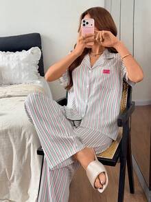 Napfluff 休閒字母貼布垂直條紋女款居家服套裝 - 彩色 - 查看 5