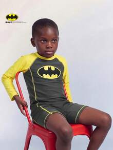 Maija Kids BATMAN X SHEIN 兒童小男孩春夏修身長袖拼色連身泳衣短褲，聯名款白色 - 彩色 - 查看 2