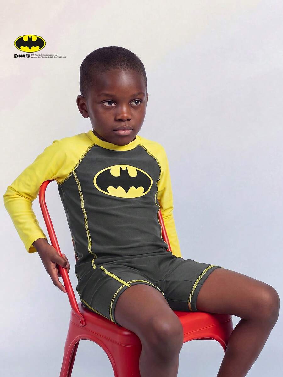 Maija Kids BATMAN X SHEIN 兒童小男孩春夏修身長袖拼色連身泳衣短褲,聯名款嬰兒粉色海灘生日款 - 彩色 - 查看 1