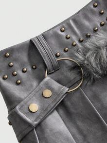 ROMWE EDITION Y2K Sexy Hot Girl Retro Brown Faux Fur Patchwork PU Mini Skirt For Women - Grey - View 3
