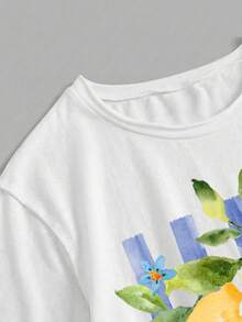 SHEIN EZwear 女款 95% 棉檸檬印花露肩寬鬆 T-shirt，適合海灘/度假、法式風、約會/派對/婚禮 - 白色 - 查看 3