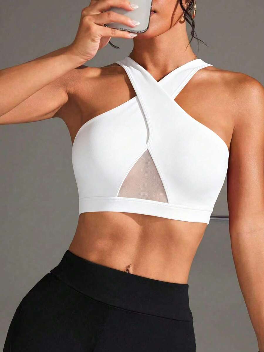 Slayform Women's Criss-Cross Strap Halter Neck Mesh Patchwork Solid Color Sports Bra - White - View 1