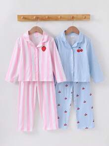 4件組女孩居家服套裝，兒童翻領條紋長袖睡衣套裝，柔軟親膚家居服，草莓櫻桃寬鬆居家長褲，春秋嬰幼兒睡衣套裝 - 彩色 - 查看 4