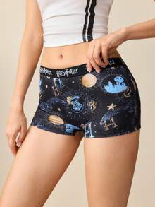 HARRY POTTER X SHEIN Women's Fashion Letter Print Flat Shorts - Blue - View 4