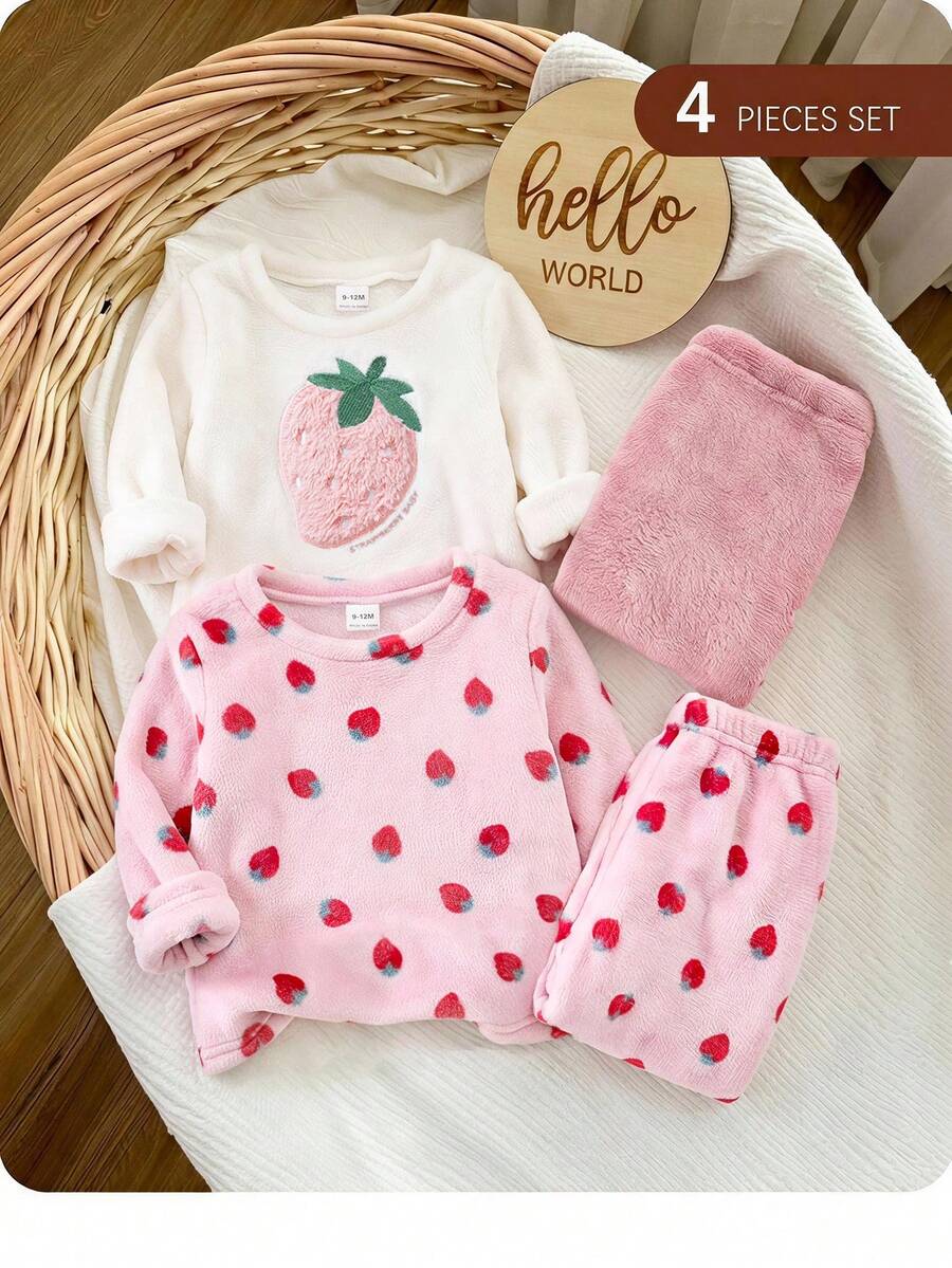 Ensemble de pyjama 4 pièces pour bébé fille, Saint-Valentin, motif cœur doux et mignon, imprimé nuage brodé, Top pull à col ras-du-cou à manches longues et pantalon de pyjama, flanelle douce et confortable, doublure thermique, doublure double face, respectueux de la peau - Multicolore - Voir 1