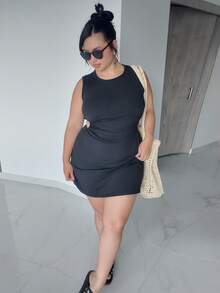 Hourglow Plus Size Black Knitted Sleeveless Dress, For Hourglass Body Shape - Black - View 3