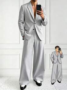 Manfinity Homme 男士深灰色商務鈕扣長袖西裝外套與休閒口袋寬鬆西裝褲套裝 - 淺灰色 - 查看 1