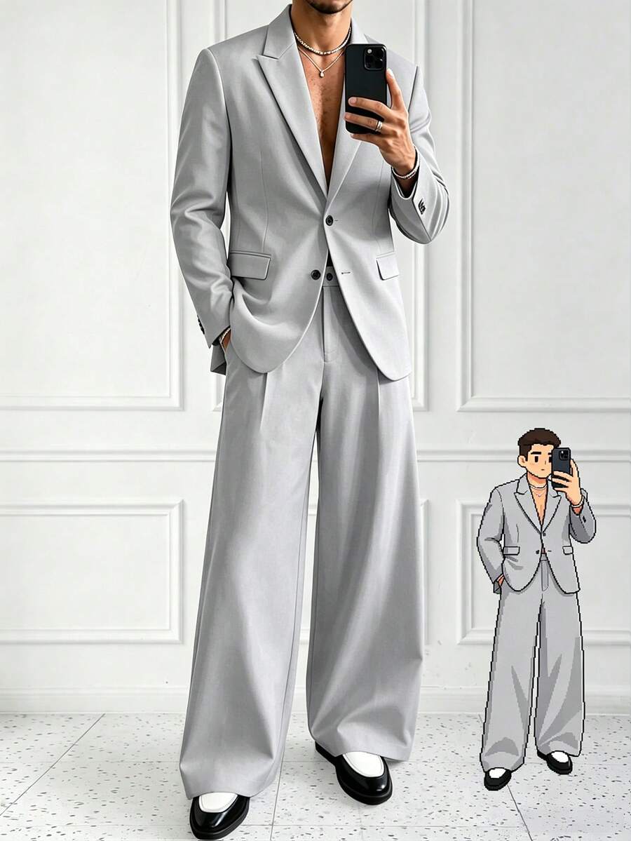 Manfinity Homme 男士深灰色商務鈕扣長袖西裝外套與休閒口袋寬鬆西裝褲套裝 - 淺灰色 - 查看 1
