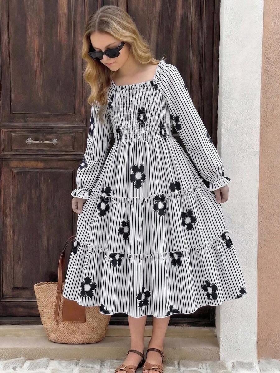 SHEIN Girls' Spring/Autumn New Square Neck Puff Long Sleeve Shirred Waist Multi-Layer Ruffle Hem French Style Gentle Sweet Beach Island Vacation Striped Floral Print Long Sleeve Dress For Picnic Camping Photography Versatile Outfit - Black and White - View 1