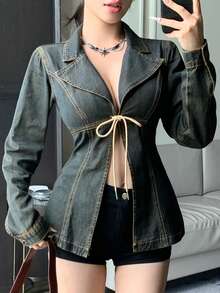DAZY Women's Casual Sexy Lace-Up Denim Jacket, Spring/Autumn Y2K Going Out Night Out Dark Wash - Blue - View 7