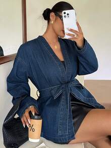 Dazy Plus Commuter Office Summer Cotton Blue Tie-Front Cross Neck Long Sleeve Spring Summer Autumn Blogger Casual Plus Size Women's Denim Top - Dark Wash - View 1