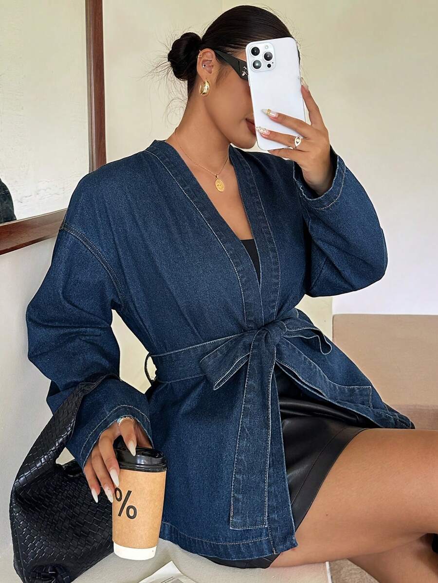 Dazy Plus Commuter Office Summer Cotton Blue Tie-Front Cross Neck Long Sleeve Spring Summer Autumn Blogger Casual Plus Size Women's Denim Top - Dark Wash - View 1