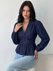 Firerie Women's Notch V-Neck Long Sleeve Button Design Ruffle Hem Denim Top Fall/Winter Elegant Casual Y2k Chic Basic Festival Back To School Going Out Ruffle - Blue - View 8