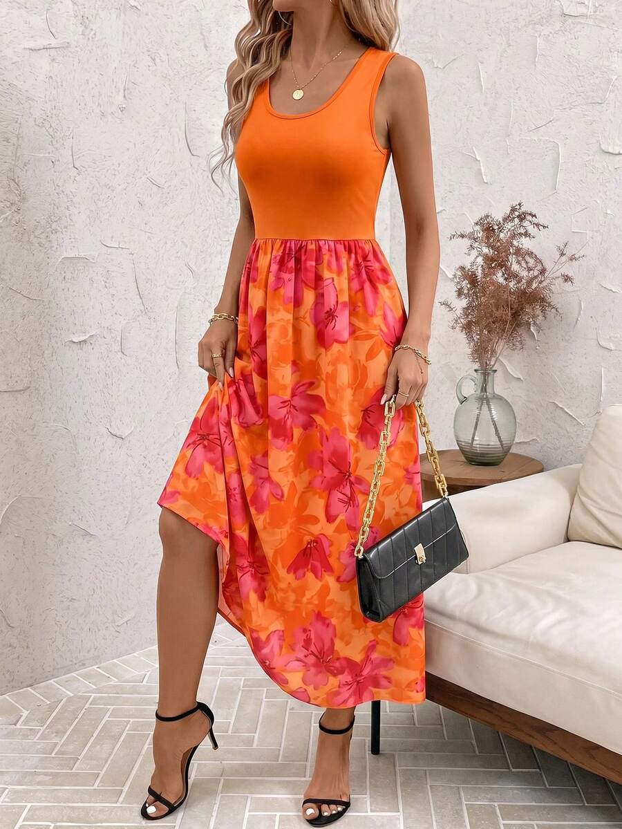 SHEIN Clasi 女款花卉印花圓領休閒無袖中長洋裝,適合度假 - 橘色 - 查看 1