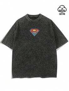 SUPERMAN X SHEIN TOKVUE Men's Minimalist Printed Round Neck Short Sleeve T-Shirt Cotton, Holiday - Black - View 5