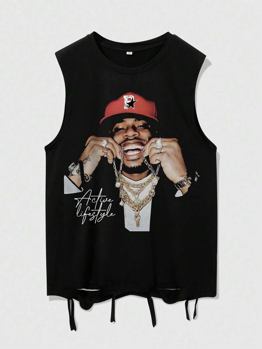 ROMWE MEN Áo tank top nam size lớn in hình nhân vật và chữ, gấu áo đính tua rua - màu đen - Xem 1