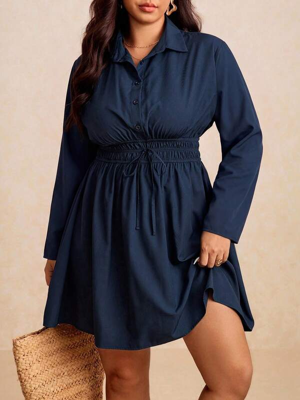 Elaquor Plus Size Casual Minimalist Shirred Waist Tie Long Sleeve Dress Fall