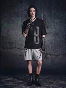 Vyqestra Men's Casual Loose Fit V-Neck Short Sleeve T-Shirt With Numeric Embroidery - Black - View 3
