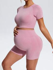 SHEIN 孕婦純色插肩袖短袖T恤與短褲套裝 - 粉色 - 查看 6