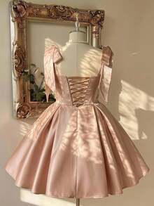 Lovelzi Elegant Luxurious Dusty Rose Shiny Silk Hand-Tied Bow Decor Shoulder Strap Shell Bustier Pleated A-Line Plus Size Short Prom Bridesmaid Party Dress - Khaki - View 2