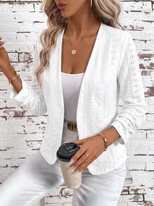 SHEIN Clasi Women's Elegant Open Front Pleated Long Sleeve Versatile Black Jacket - White - View 6