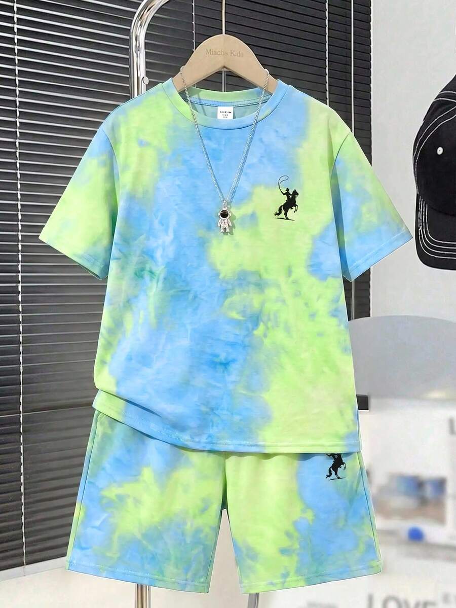 SHEIN 2件組兒童青少年男孩基礎休閒日常舒適印花紮染布料圓領套頭短袖寬鬆版型T恤與短褲針織套裝 - 藍色 - 查看 1