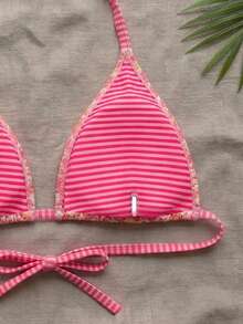 Swim Mod Plus Size Women Ditsy Floral Spaghetti Strap Backless Bikini Top - Hot Pink - View 3