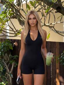 Fluxe Women's Solid Color Backless Halter Romper, Other Dance Wear - Black - View 5