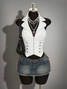 SHEIN ICON Y2K女款白色哥德風拿破崙式純色拉鍊休閒百搭日常旅行背心外套 - 白色 - 查看 6
