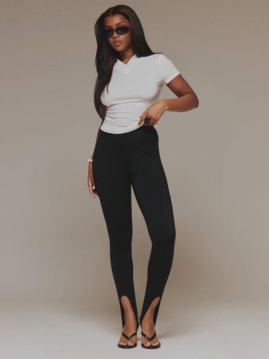 MUSERA Black Low Waist Detail Leggings Pants Summer Fall Winter Day Outfit Womens Outfit - Black - View 1