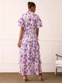 Lilora Women's Elegant Casual Celestial Romantic Floral Ruffle Dress Wedding Party Garden Tea Party Day Purple And White Summer - Purple - View 3