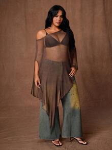 Rustia Plus Size Sexy Off-Shoulder Asymmetrical Sheer Sweater, Spring/Autumn Fall - Brown - View 6