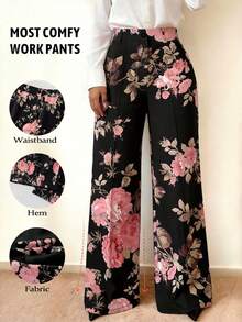 Elenzga Plus Size Women's Floral Print Straight Leg Pants, Minimalist Fall - Black - View 5