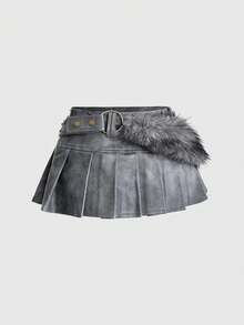 ROMWE EDITION Y2K Sexy Hot Girl Retro Brown Faux Fur Patchwork PU Mini Skirt For Women - Grey - View 5