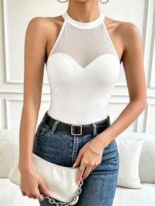 SHEIN Damen Frühling/Sommer eleganter sexy ärmelloser Neckholder Mesh-Bodysuit mit Taillenbetonung, transparent gestrickt, für Urlaub, Pendeln, Nachtausgang, Date Night, Weiß - Weiss - Übersicht 1