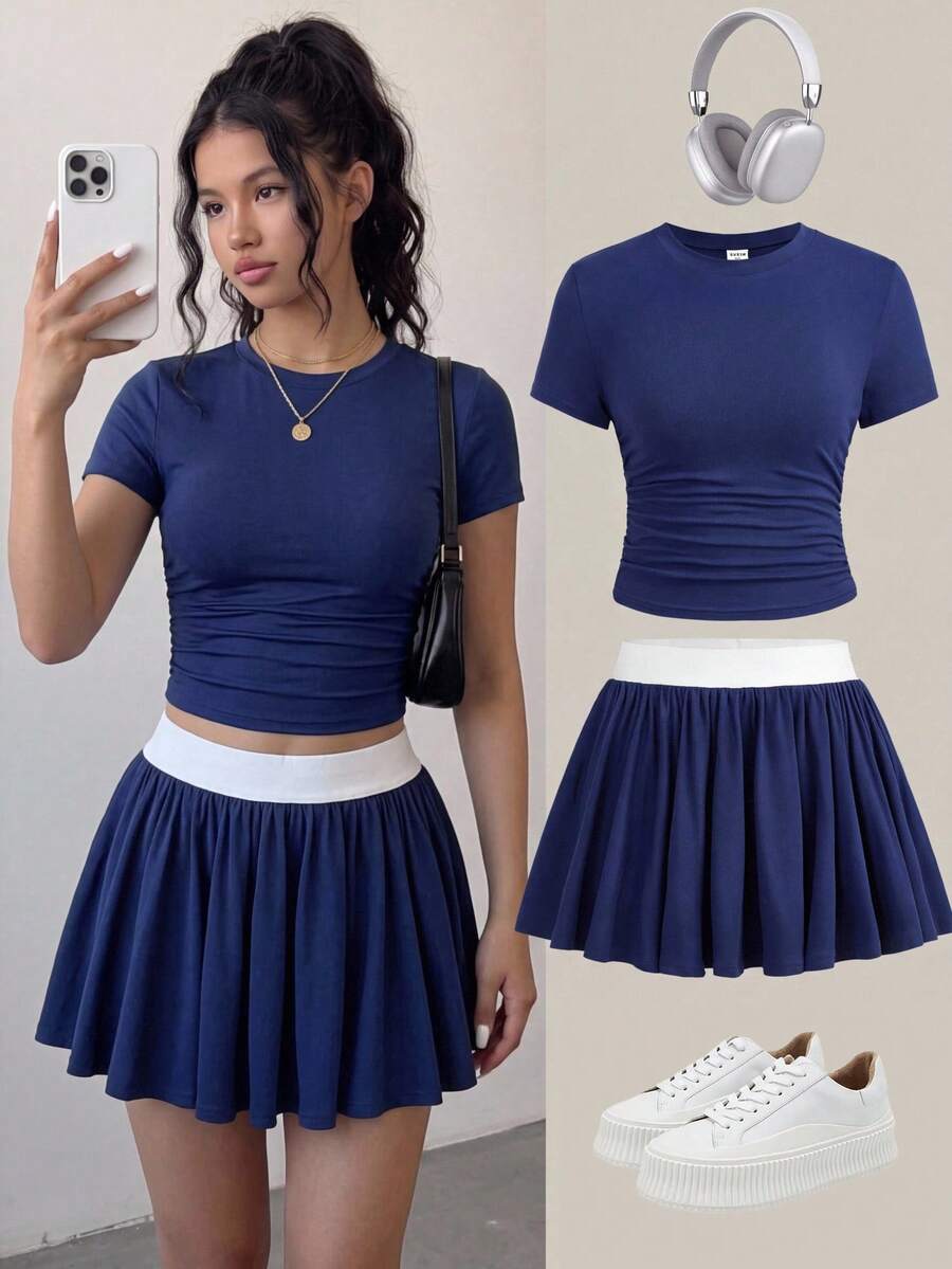 SHEIN Girlism 兒童青少年女孩夏季舒適藍白配色短袖T恤與防走光裙套裝,修身休閒簡約風,返校季 - 藍白色 - 查看 1