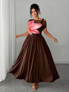 Elenzga Robe midi drapée style bohème pour femmes grandes tailles, col asymétrique, imprimé floral crème, printemps/été, tenue élégante pour vacances, plage, fête, jupe drapée ample parfaite pour la plage, photos de jardin, fête d'anniversaire ou dîner romantique - Marron - Voir 8