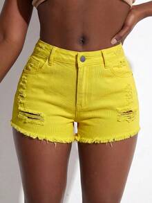 SHEIN SXY Celana Pendek Denim Wanita Warna Polos dengan Detail Sobek dan Berumbai untuk Musim Panas - Kuning - View 6