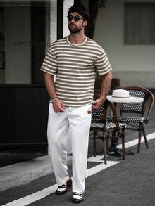 Manfinity CasualCool 男士條紋圓領短袖休閒百搭T恤 - 棕色 - 查看 4
