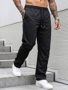 Manfinity CasualCool 男士抽繩腰純色口袋直筒休閒百搭長褲，美國國慶日、度假、禮物 - 黑色 - 查看 3