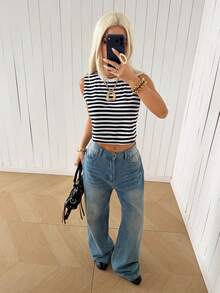 SHEIN EZwear 黑白格紋拼色短版圓領針織背心 度假夏季休閒海濱風 - 黑與白 - 查看 7