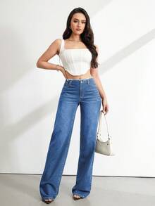 SHEIN Tall 女款高腰鈕扣口袋寬鬆寬腿藍色牛仔褲，春夏休閒度假日常街頭七分牛仔褲 - 中等水洗藍 - 查看 5