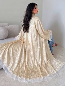 Yasmyna Abaya árabe para mujer color albaricoque tejida con estampado de leopardo, manga larga, ribete de encaje, conservadora, elegante y romántica - Albaricoque - Ver 2
