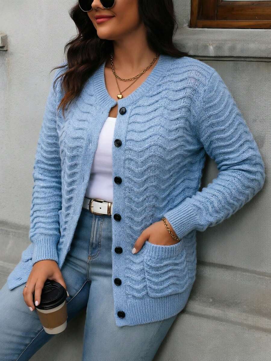 SHEIN LUNE CURVE 大尺碼休閒純色雙口袋開襟衫，秋冬款 - 藍色 - 查看 1