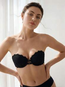Liftille Simple & Sexy Lace Spliced Front Closure Strapless Bra Lingerie - Black - View 1